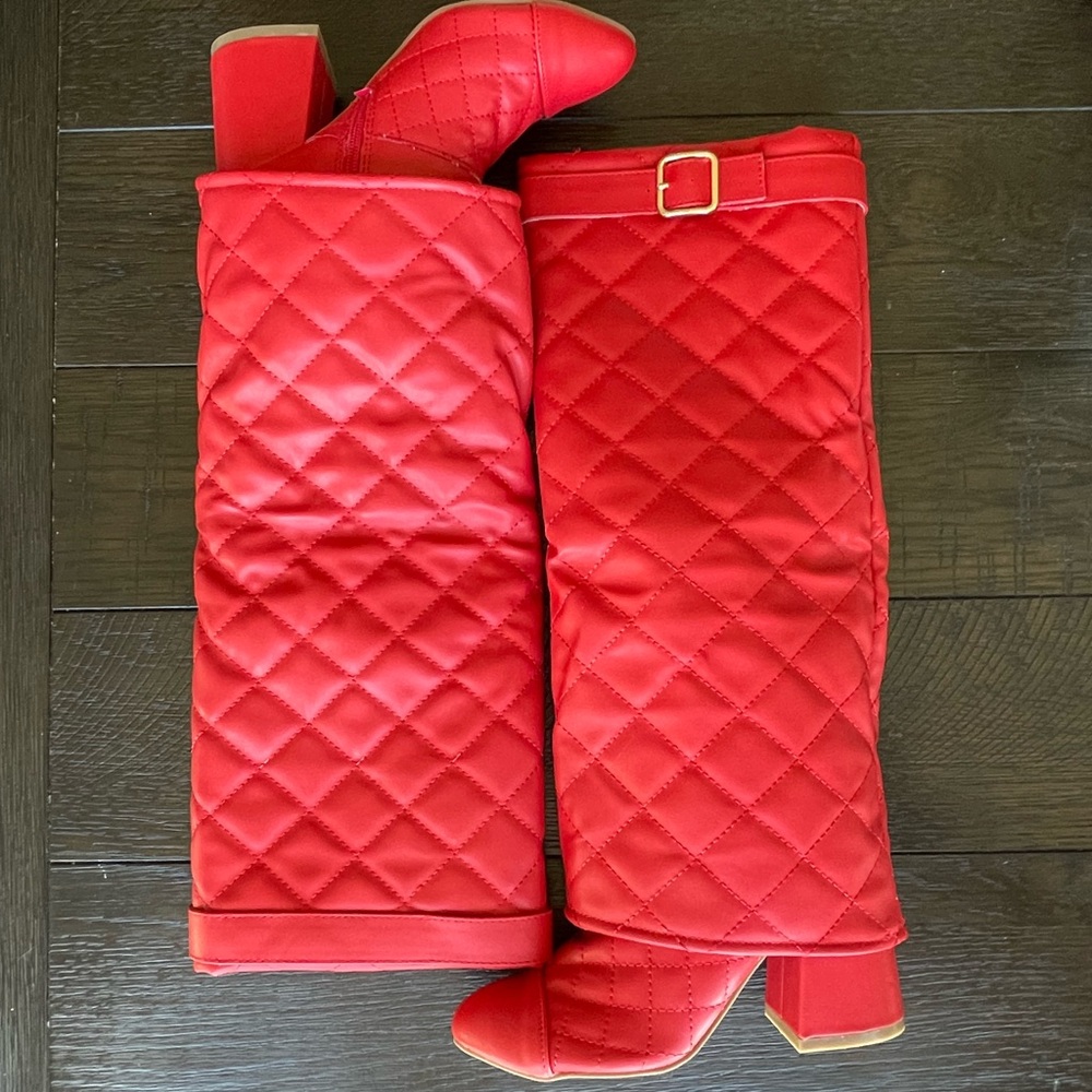 Red Quilted Knee-High Boots